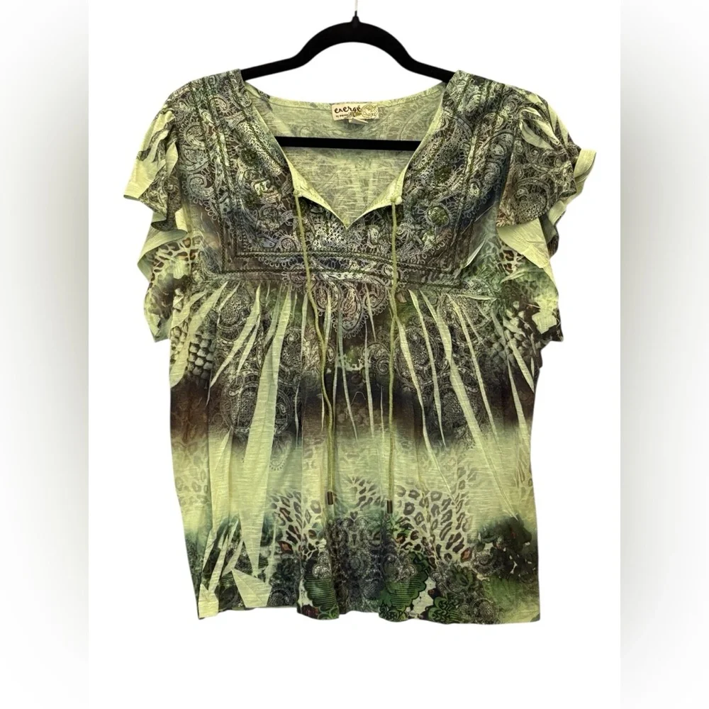 Energe One World Green Patterned Blouse Size XL Dark Fairy Goblincore Forest - Picture 3 of 6